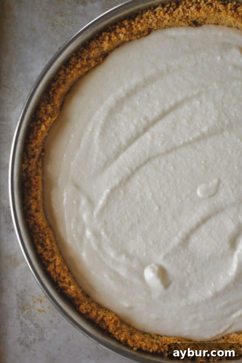 Classic Italian Ricotta Cheesecake 11 Raw cheesecake batter, smooth and creamy, poured into the perfectly baked hazelnut crust, ready for its oven journey.