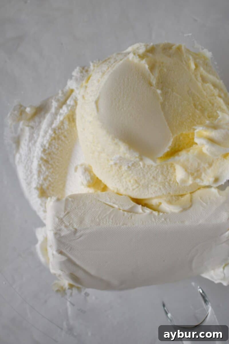 Classic Italian Ricotta Cheesecake 7 Room-temperature cream cheese, mascarpone, and quality ricotta cheese placed in the bowl of a stand mixer, ready for creaming.