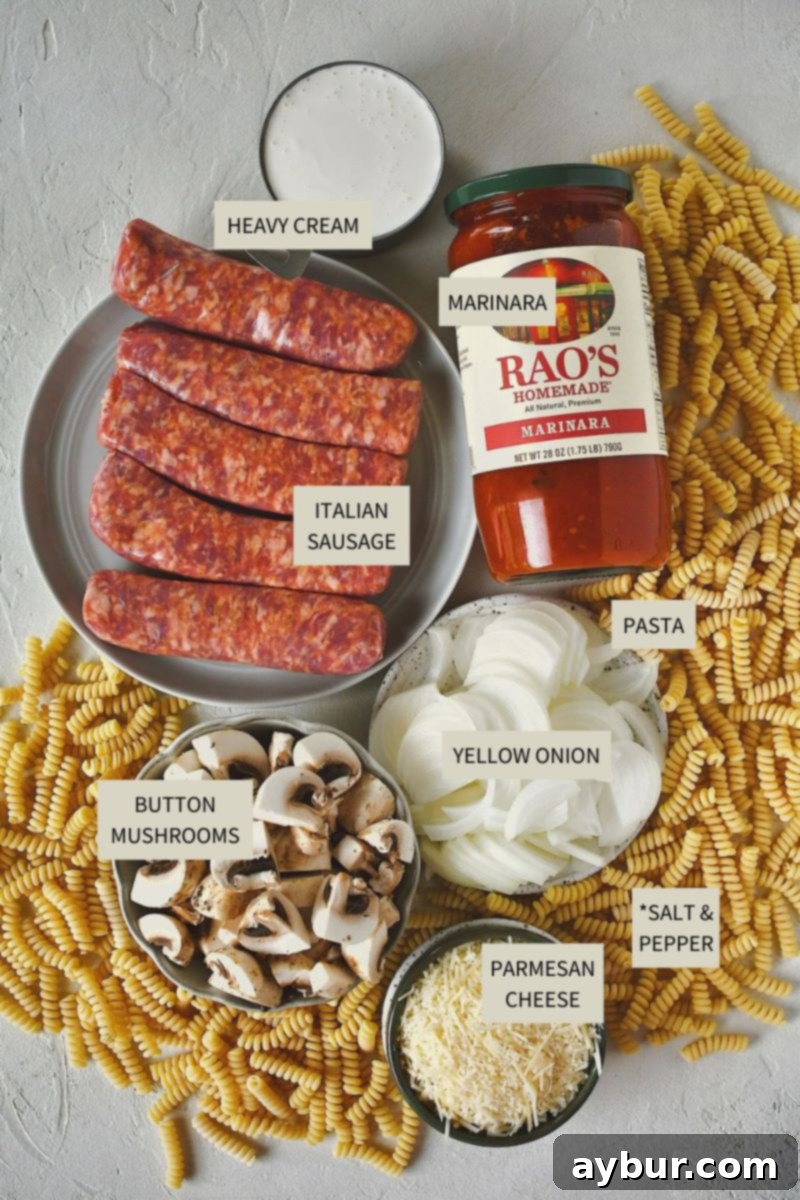 Ingredients needed to make Italian Sausage Pasta.