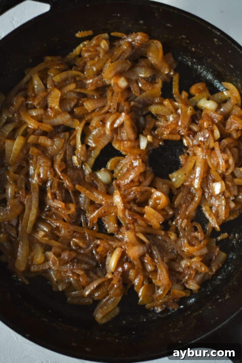 Savory Stuffed Pork Tenderloin 8 Fully caramelized onions, deep golden-brown and sweet, ready to be stuffed into the pork tenderloin.