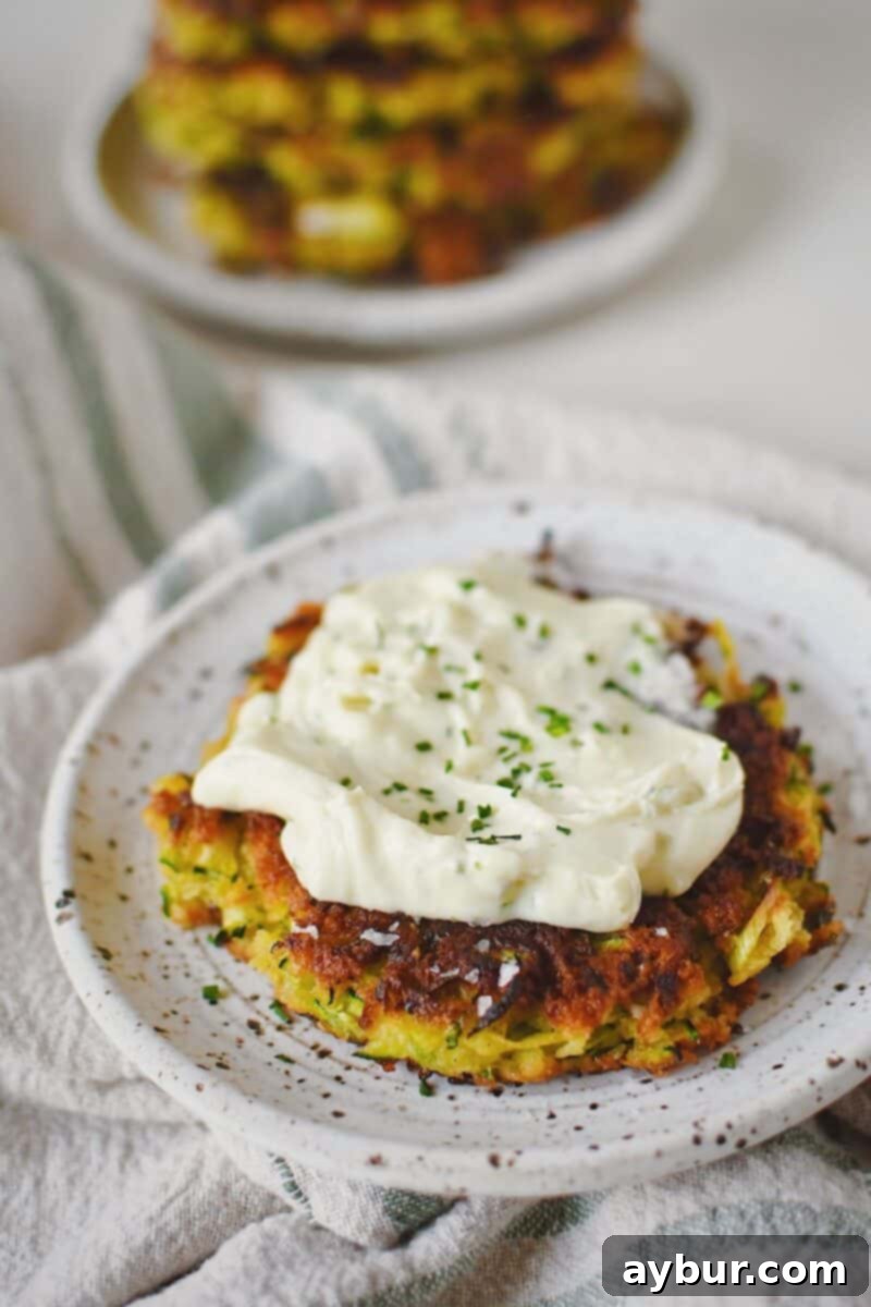 Zucchini Fritter topped with whipped goat cheese and ready to enjoy.