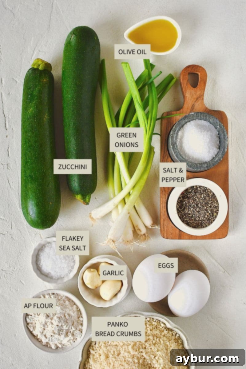 Ingredients needed to make Zucchini Fritters.