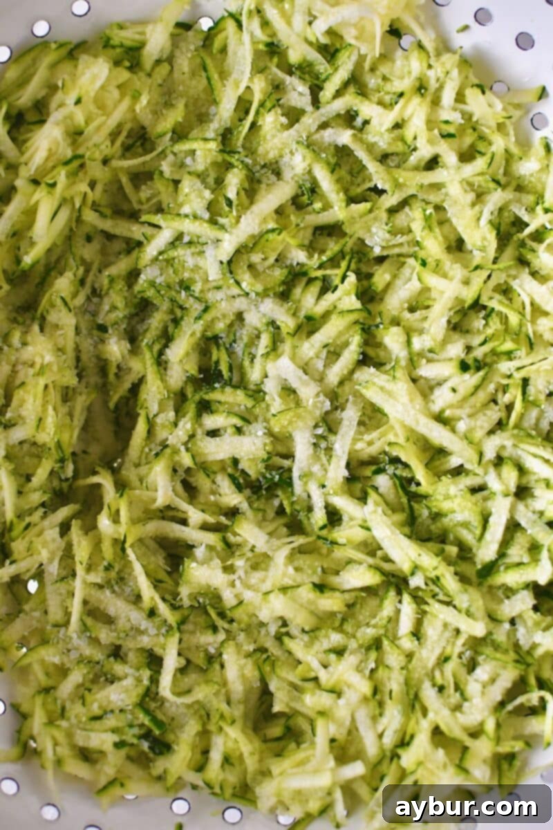 Shredded zucchini in a colander, that has been tossed with salt and left to rest for a few minutes.