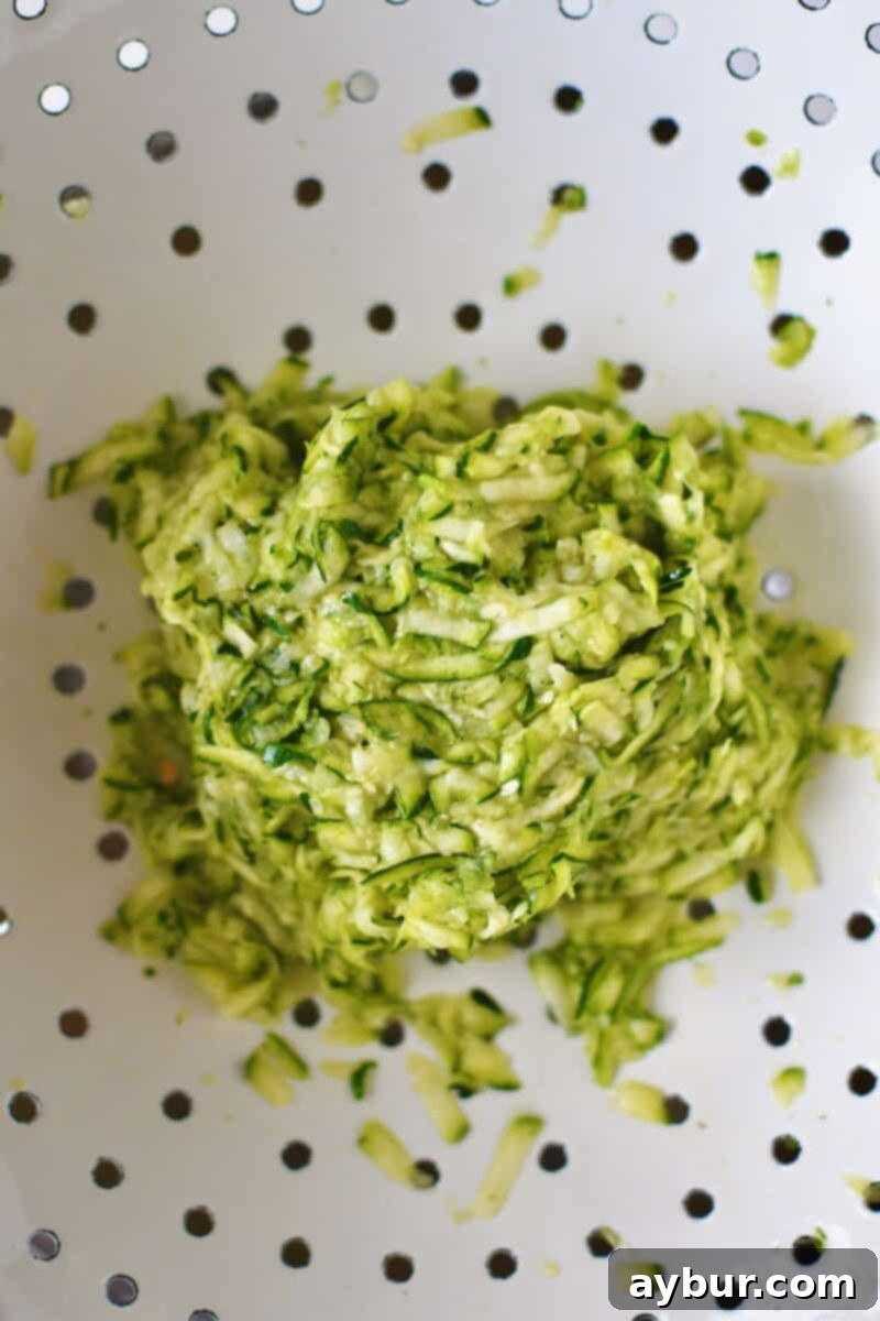 Shredded zucchini that has been squeezed after salting to release the excess liquid.