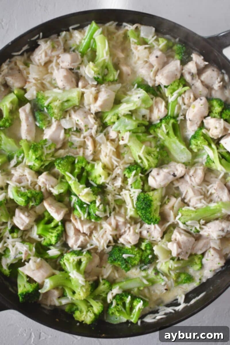 Fırında Tavuklu Brokoli Pilavı 7 Frozen broccoli florets are stirred into the simmering creamy rice mixture, followed by the remaining rice, ensuring everything is well combined and warming through.