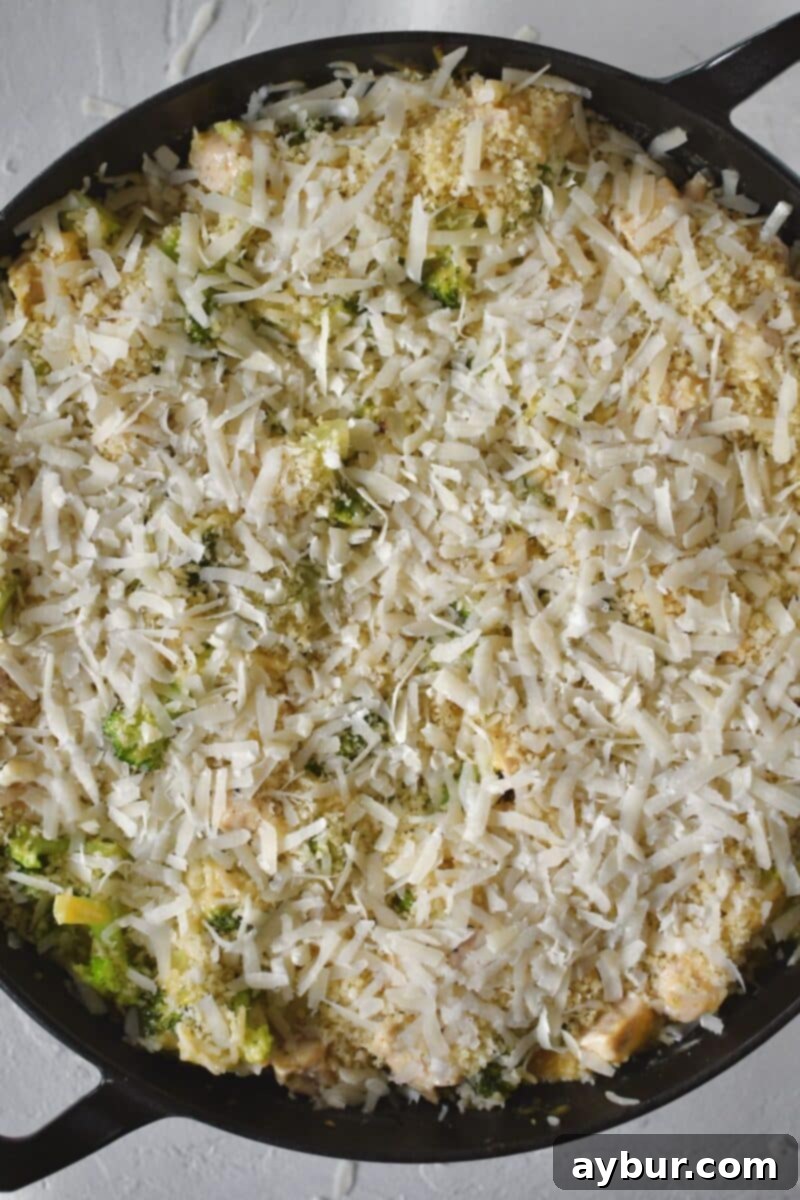 Fırında Tavuklu Brokoli Pilavı 10 A layer of seasoned panko breadcrumbs and grated Parmesan cheese is sprinkled over the casserole, preparing it for broiling.