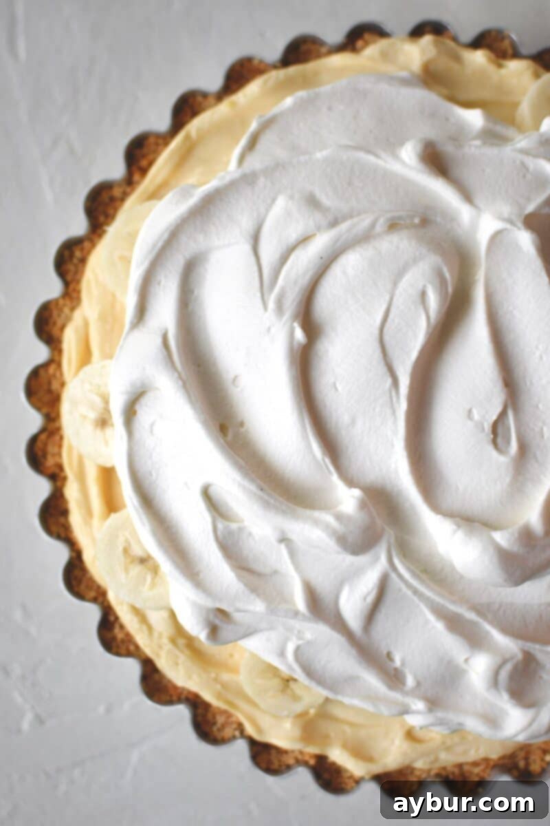 Creamy Banana Dream Pie 12 After chilling, the banana pudding pie is elegantly topped with an extra layer of fresh banana slices and a cloud of fluffy whipped cream, enhancing its appeal.