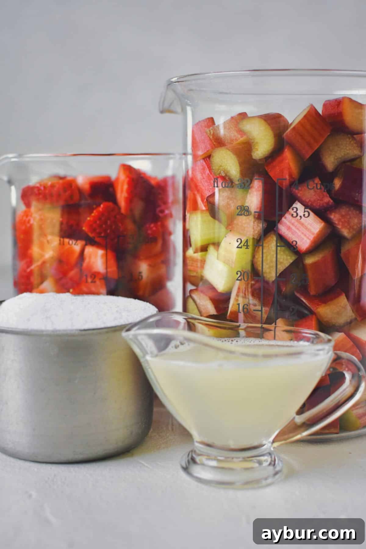 Sun-Kissed Strawberry Rhubarb Spread 4 All ingredients meticulously prepped: diced rhubarb and strawberries arranged in bowls, fresh lemon juice in a small glass, and granulated sugar precisely measured, signaling readiness for the next stage of jam making.