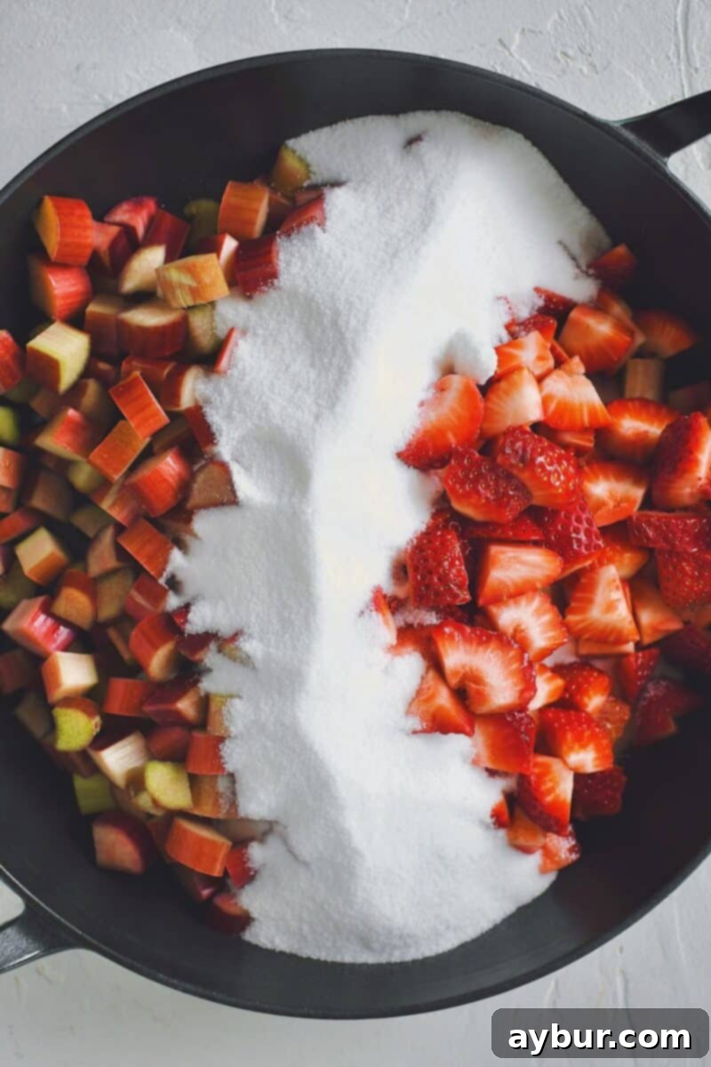 Sun-Kissed Strawberry Rhubarb Spread 5 A close-up shot of vibrant red strawberries, green rhubarb pieces, and white granulated sugar already combined in a large, wide cooking pan, awaiting the next steps in the jam-making process.