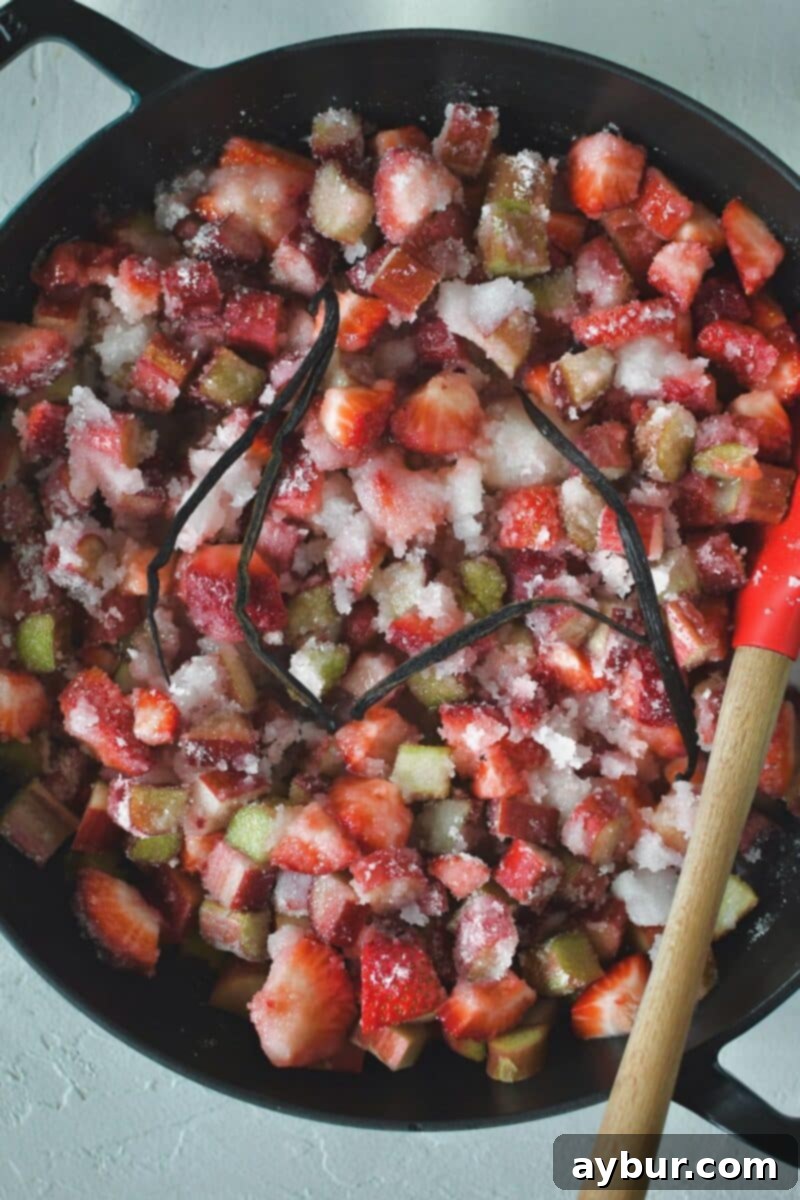 Sun-Kissed Strawberry Rhubarb Spread 6 The mixture of rhubarb, strawberries, and sugar expertly stirred together in the cooking pan, with split vanilla beans nestled amongst the fruit, ready to infuse their delicate fragrance as the jam begins to cook.