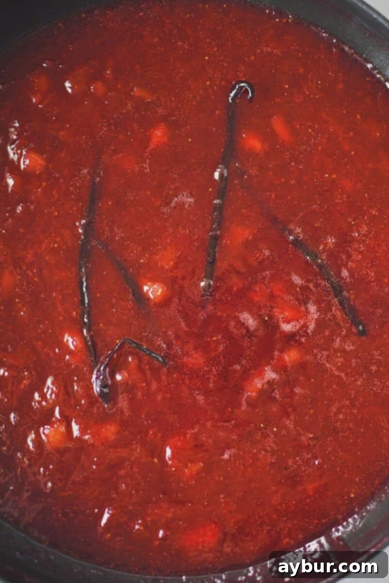 Sun-Kissed Strawberry Rhubarb Spread 9 The Strawberry Rhubarb Jam, now fully cooked and thickened, shimmering in the pan with no foam visible on its surface, a testament to the butter's effectiveness.