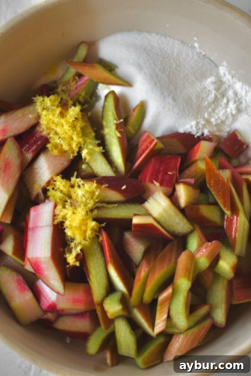 A large mixing bowl filled with freshly cut strawberries, sliced rhubarb, lemon zest, sugar, and cornstarch, ready to be tossed for the crisp filling.