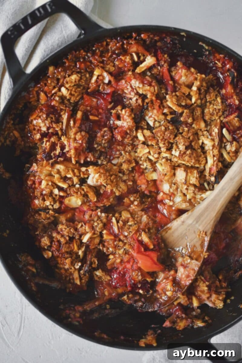 A close-up shot of a serving of warm Strawberry Rhubarb Crisp in a bowl, topped with a scoop of vanilla ice cream and fresh strawberries, highlighting its irresistible texture.
