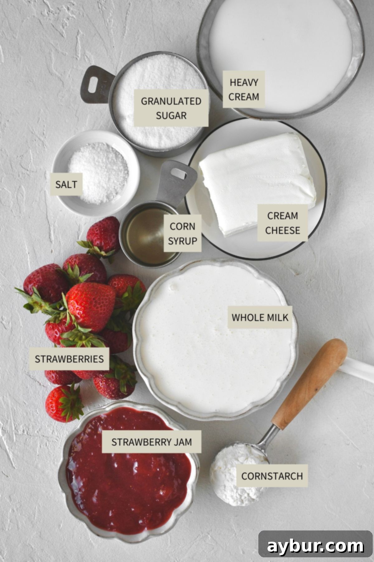 Strawberry Delight 3 Fresh ingredients for homemade strawberry ice cream laid out, including a bowl of fresh strawberries, cream, milk, a block of cream cheese, and a jar of strawberry rhubarb jam.