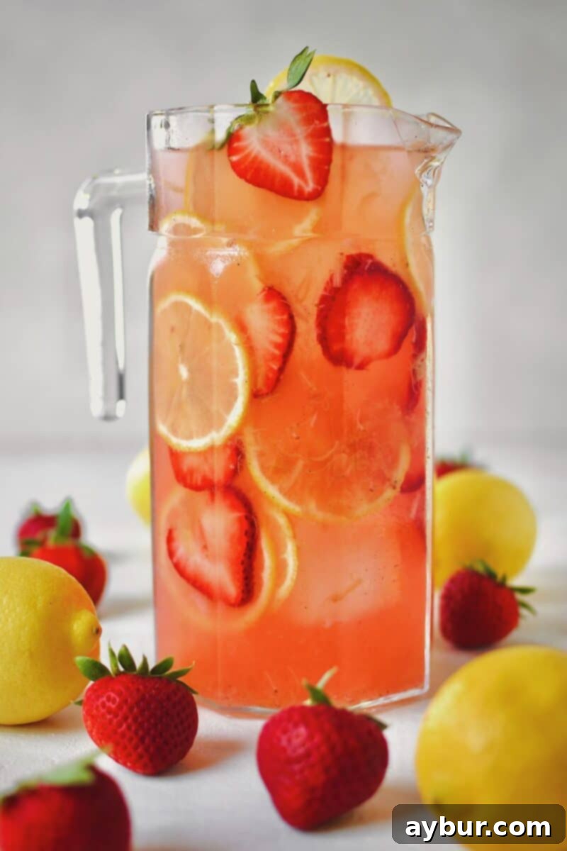 Sweet Strawberry Lemonade 5 Pitcher of Strawberry Lemonade ready to be poured and enjoyed.