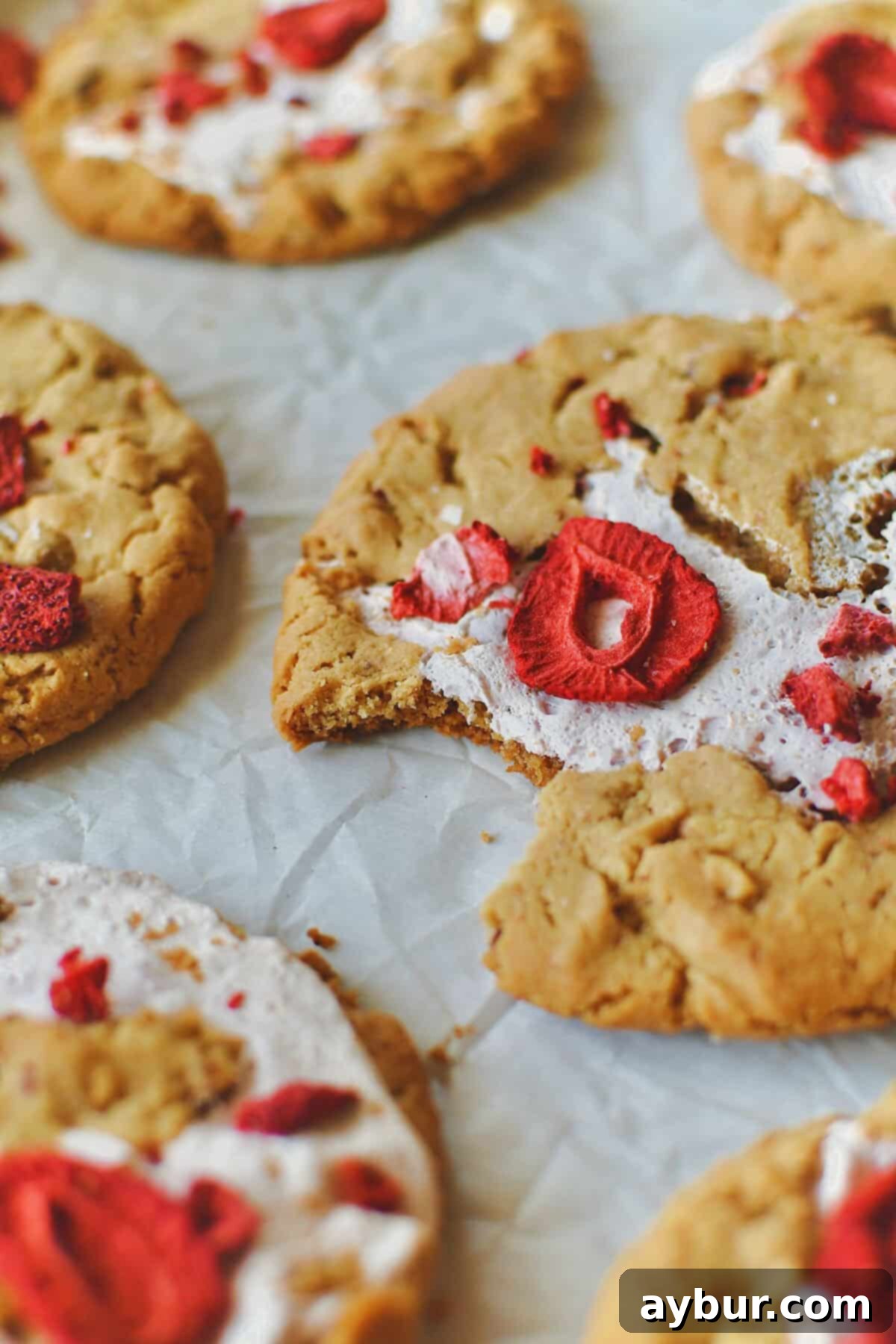 Freshly baked Strawberry Fluffernutter Cookies, warm from the oven, adorned with extra chopped freeze-dried strawberries and a sprinkle of flakey sea salt.