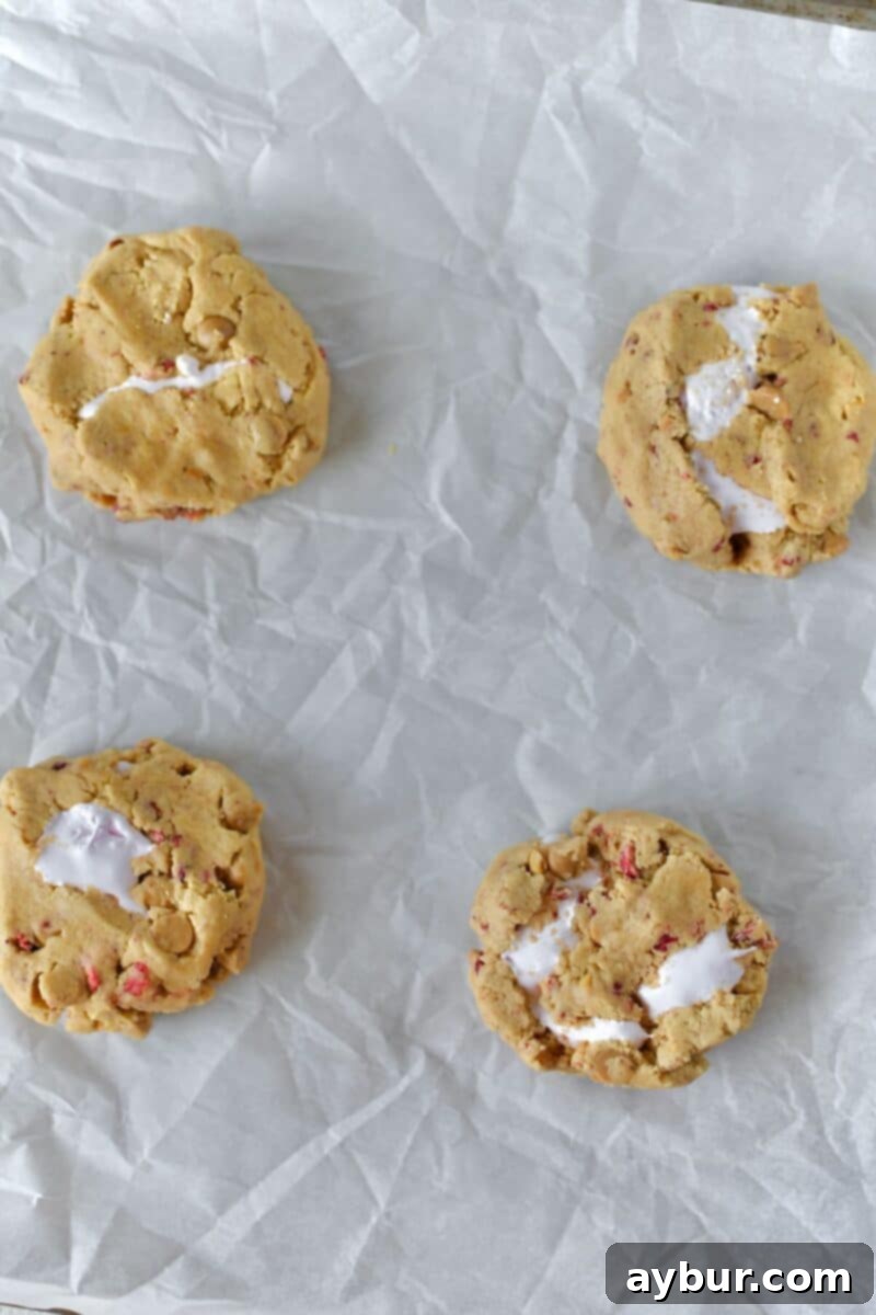 Expertly closed-up cookies with marshmallow cream sealed inside, slightly flattened and spaced out on a sheet pan, awaiting baking.