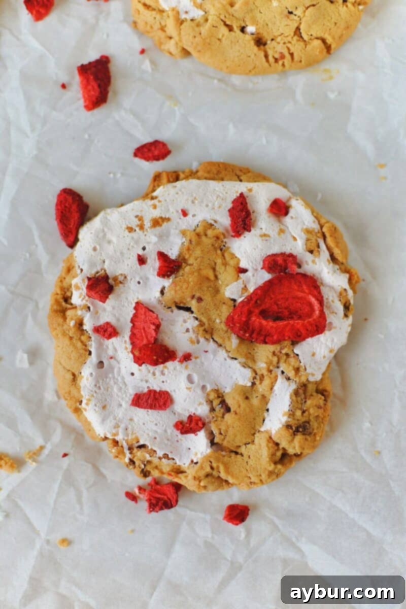 Warm Strawberry Fluffernutter Cookies fresh from the oven, garnished with additional freeze-dried strawberries and a touch of flakey sea salt.