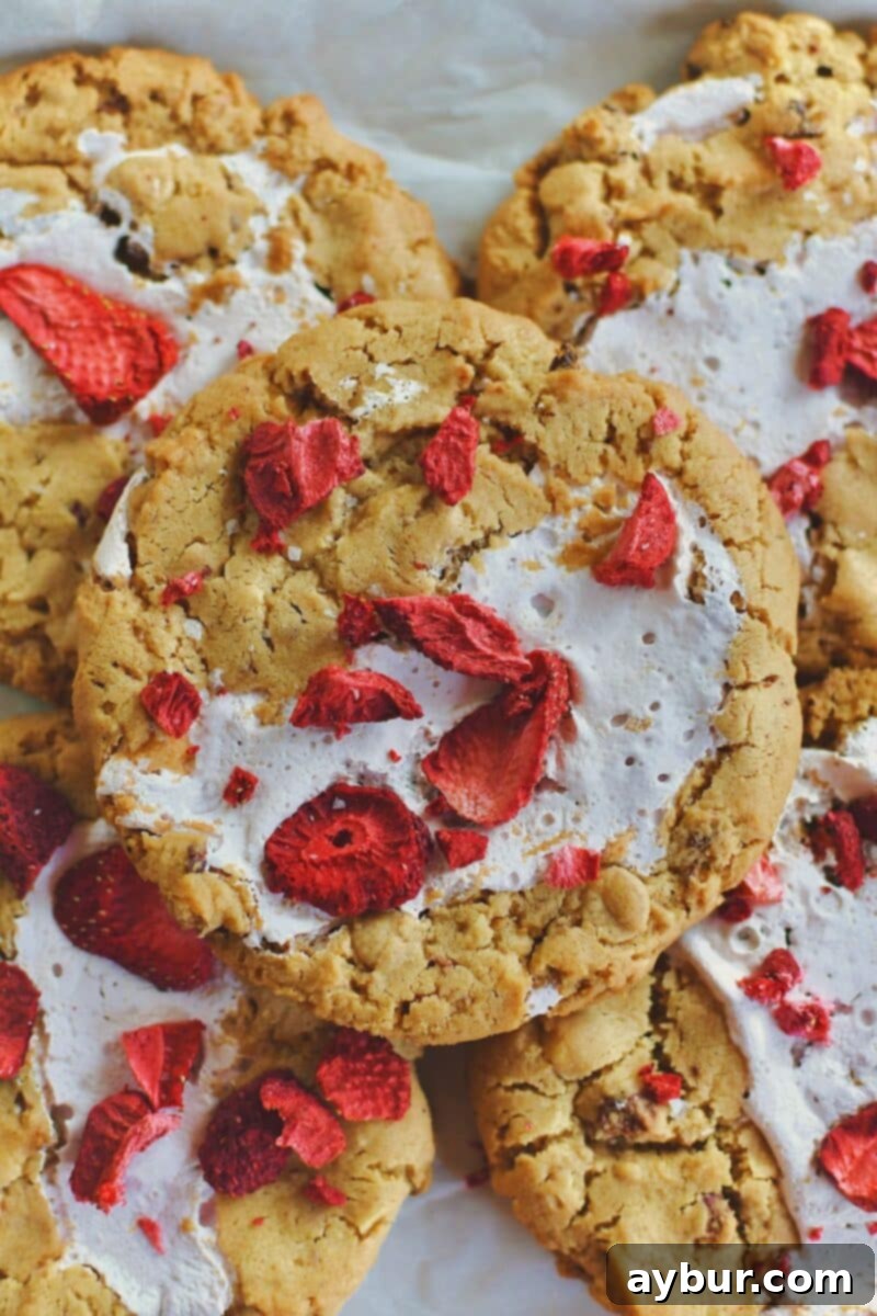 Close-up of baked Strawberry Fluffernutter Cookies, showcasing the golden edges, soft centers, and decorative toppings of freeze-dried strawberries and sea salt.
