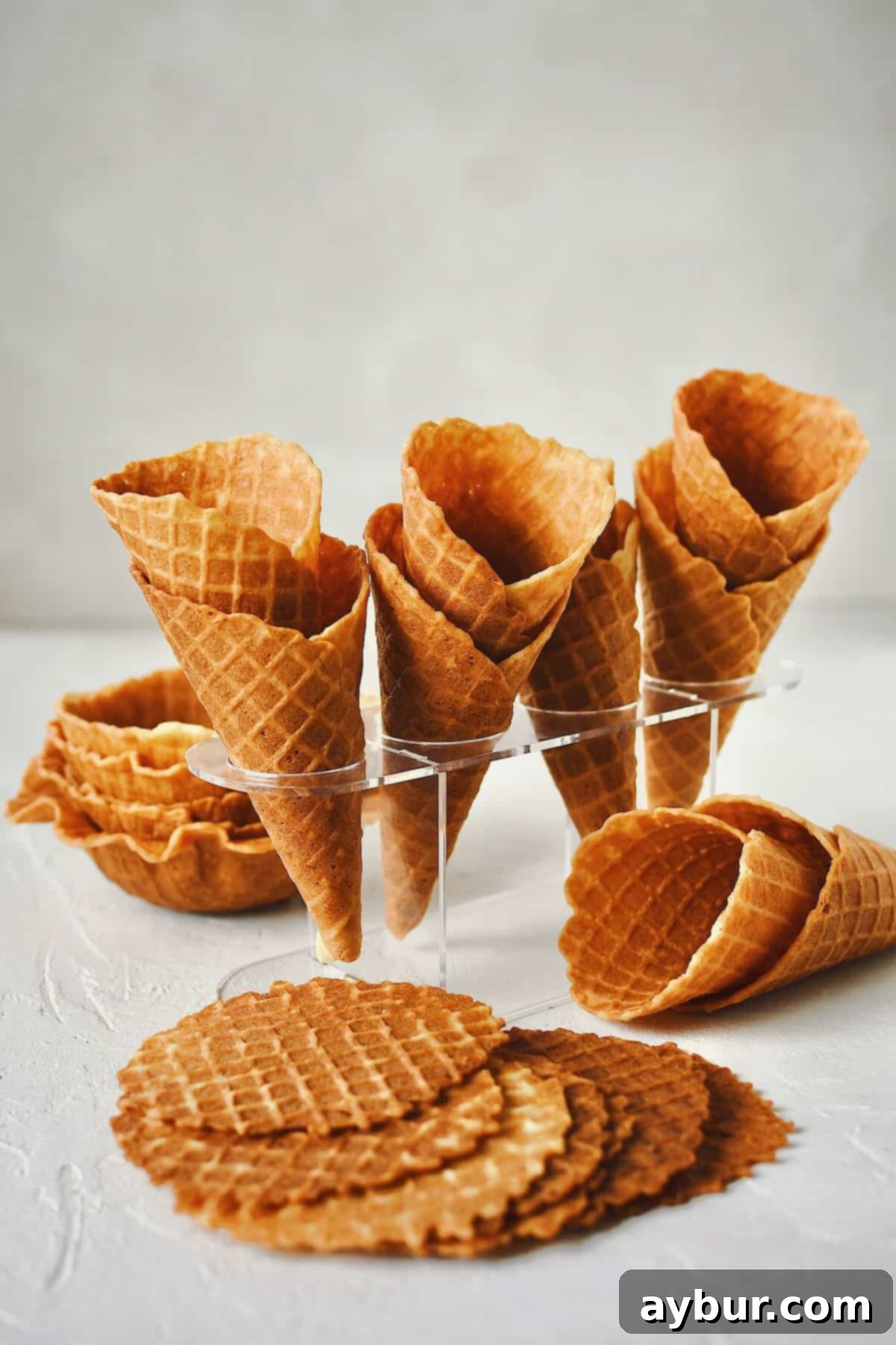 Crispy Homemade Waffle Cones 13 Finished Waffle Cone Recipe resting in a stand and ready to be filled with ice cream. Along with waffle bowls and flat waffle chips around it.