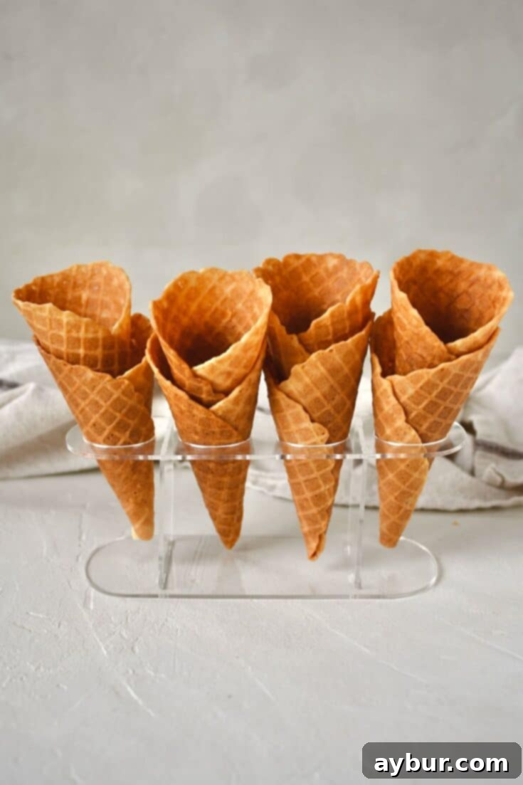 Crispy Homemade Waffle Cones 15 Finished Waffle Cone Recipe resting in a stand and ready to be filled with ice cream.