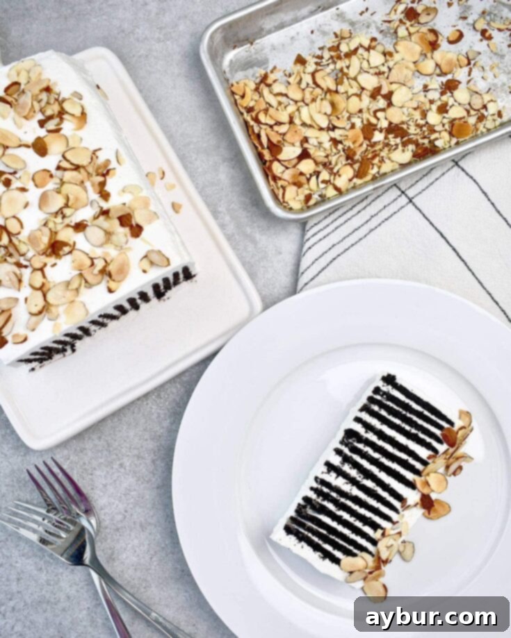 Chocolate Wafer Icebox Cake, sliced and served