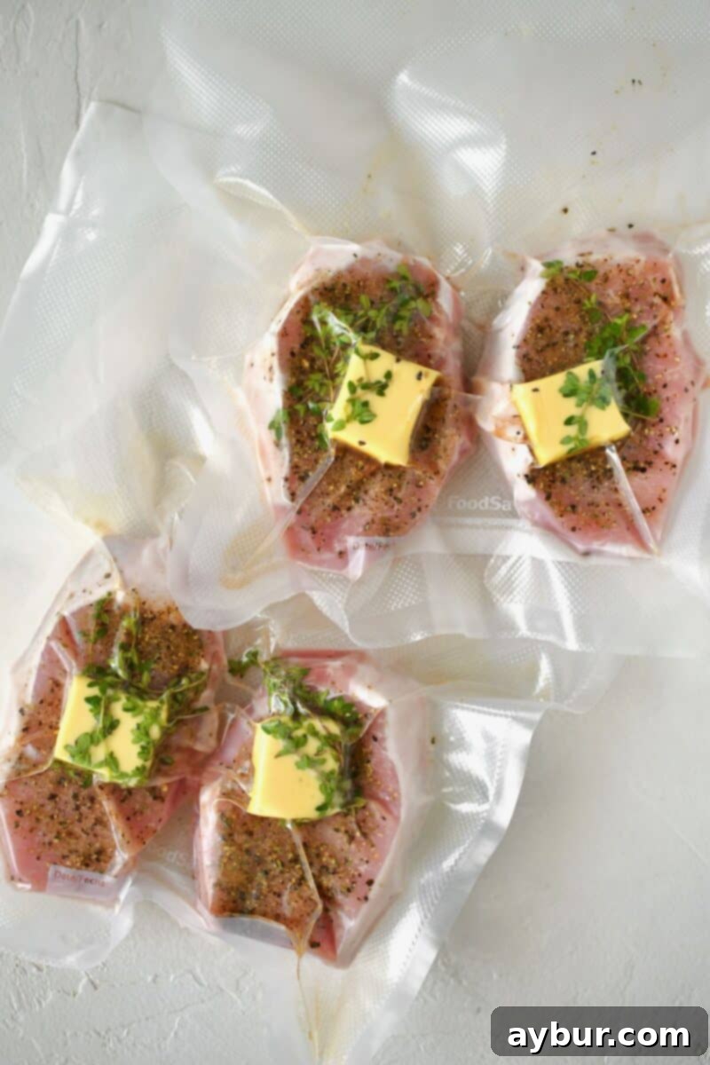 Perfectly Tender Sous Vide Pork Chops 6 Seasoned pork chops added to vacuum seal bags and sealed up ready for cooking in the sous vide.