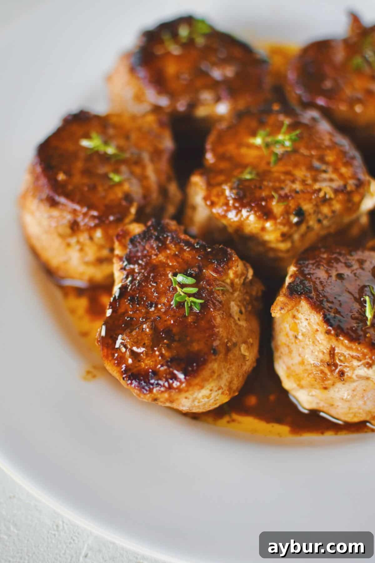 A close-up of a meticulously plated Pork Tenderloin Medallion dish, highlighting the tender meat and rich pan sauce.
