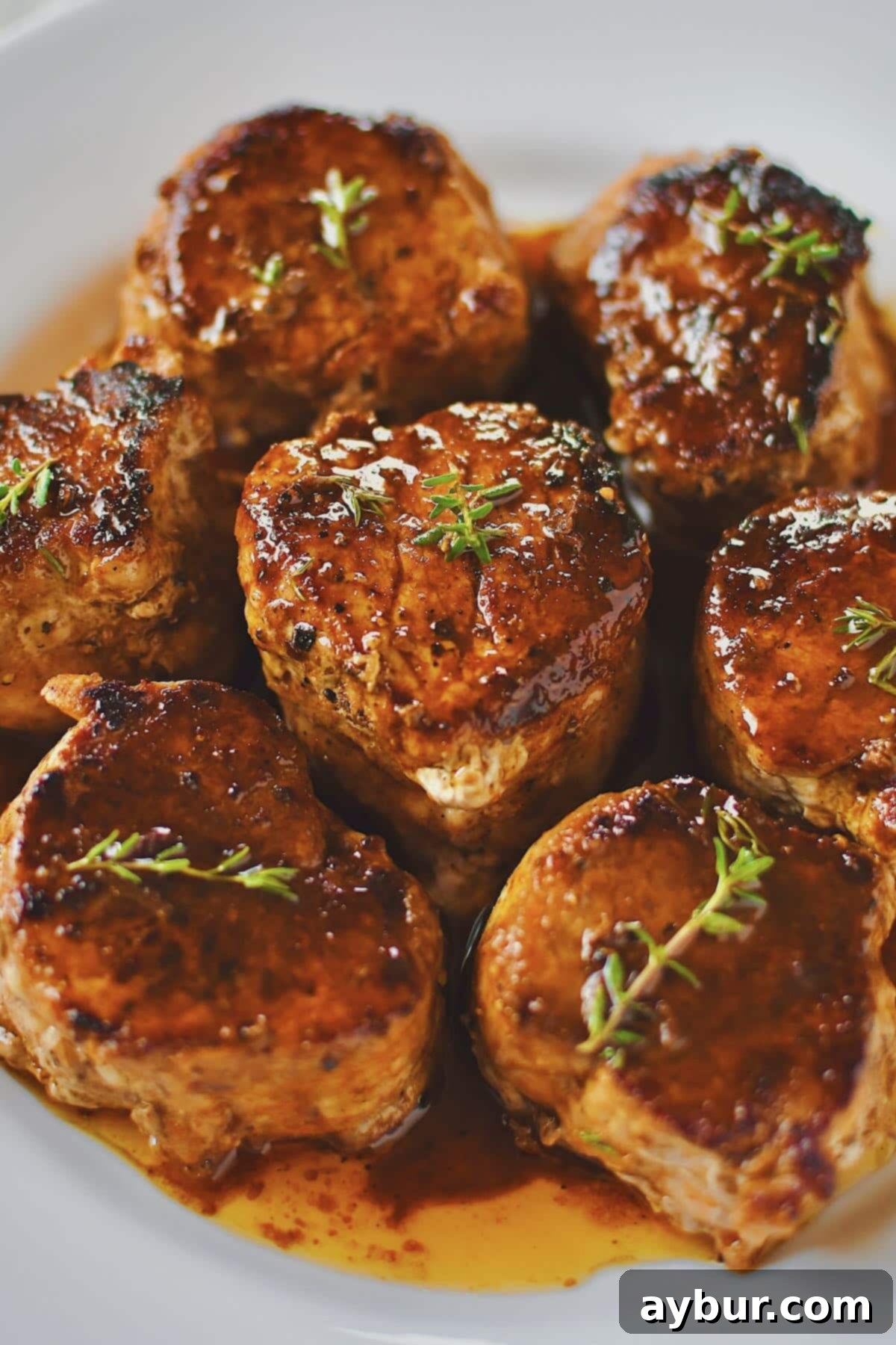 A stunning close-up of Pork Tenderloin Medallions, generously basted in sauce and garnished, prepared for a gourmet dining experience.