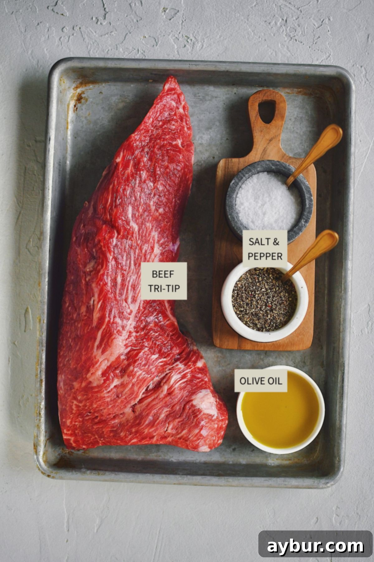 Perfect Tri-Tip Every Time 3 Simple ingredients for cooking Tri-Tip: steak, kosher salt, fresh cracked black pepper, and olive oil.
