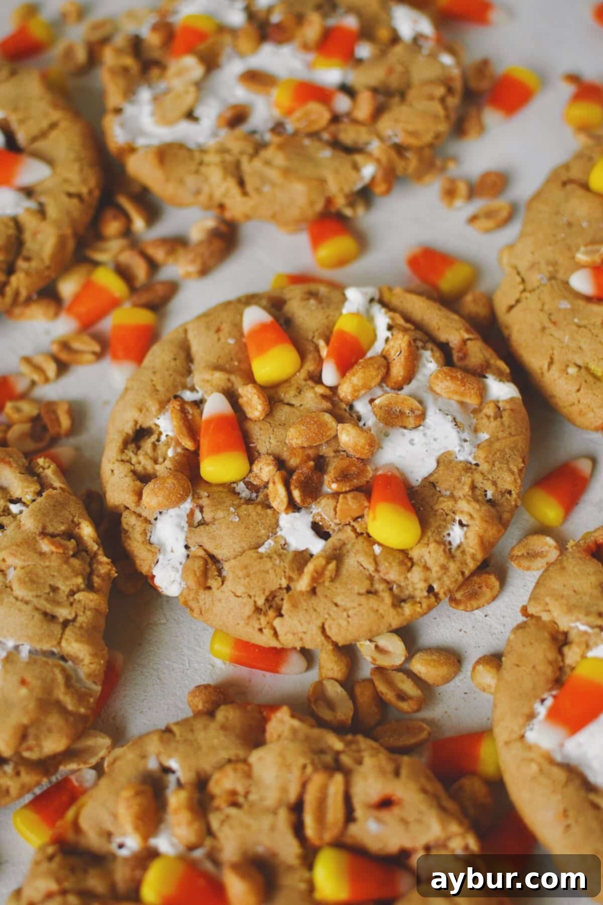 Spooky Sweet Candy Corn Cookies 2 Finished Candy Corn Cookies laid out on a table with candy corn and peanuts snack mix under them, ready to eat!