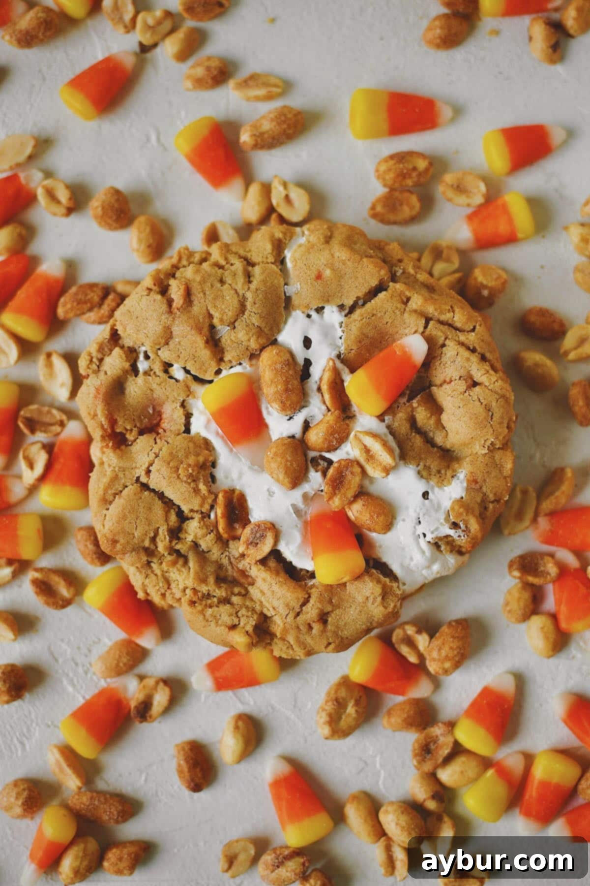 Spooky Sweet Candy Corn Cookies 12 Finished Candy Corn Cookies laid out on a table with candy corn and peanuts snack mix under them, ready to eat!