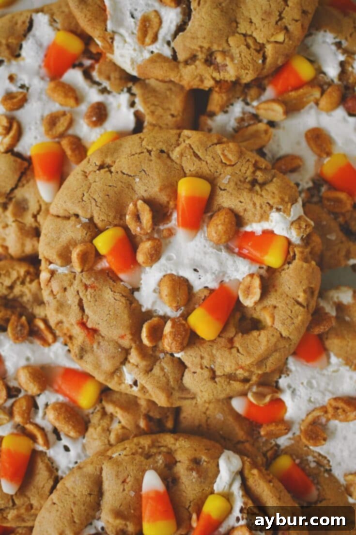 Spooky Sweet Candy Corn Cookies 13 Finished Candy Corn Cookies laid out on a table with candy corn and peanuts snack mix under them, ready to eat!