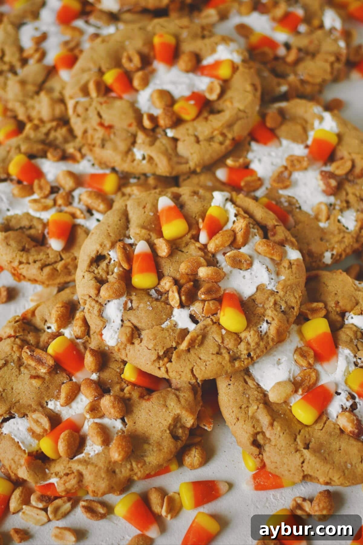 Spooky Sweet Candy Corn Cookies 14 Finished Candy Corn Cookies laid out on a table with candy corn and peanuts snack mix under them, ready to eat!