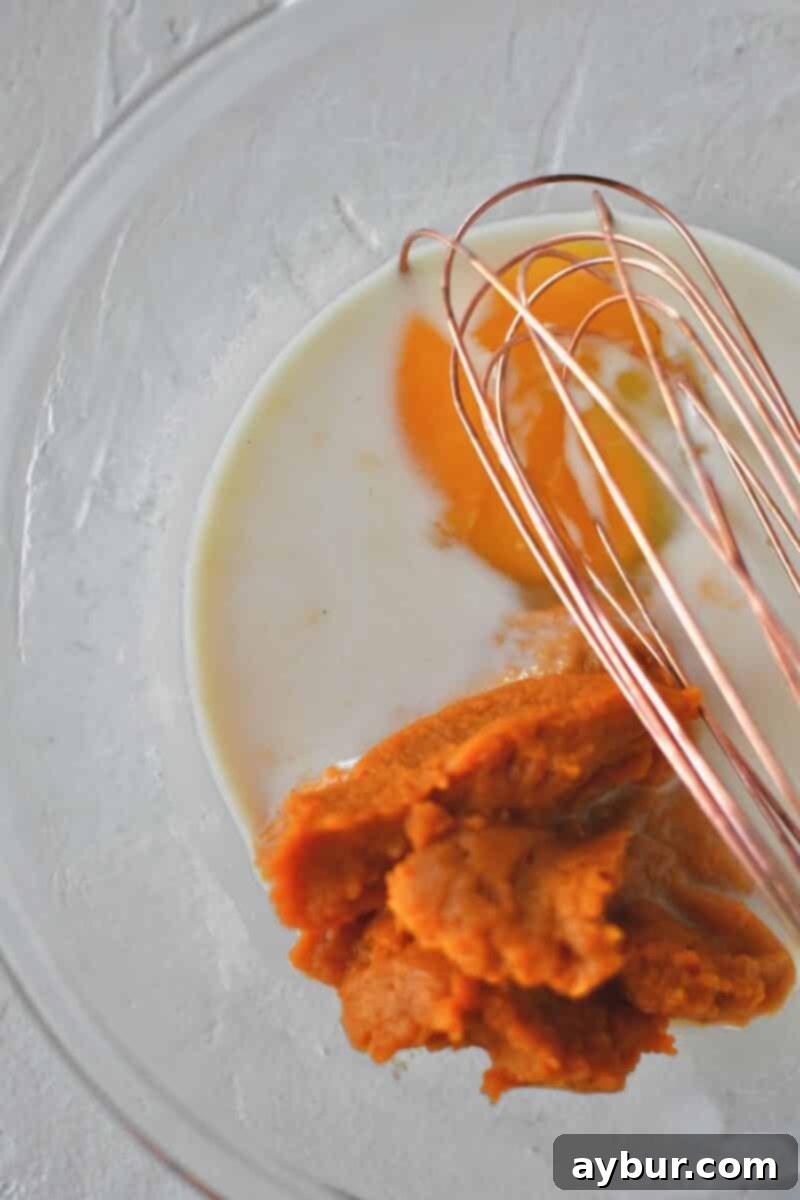 A close-up showing the wet ingredients—milk, pumpkin puree, egg, and vanilla extract—being vigorously whisked together in a bowl until smooth and fully combined.