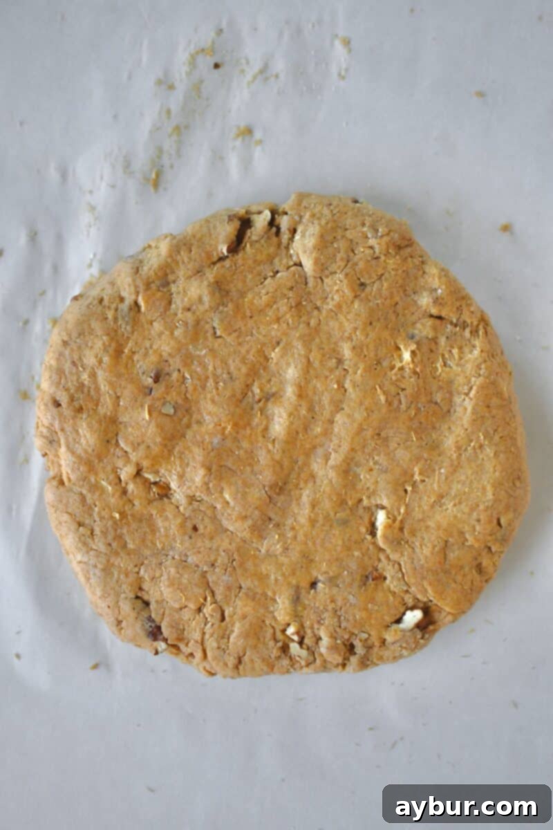 The perfectly formed pumpkin scone dough, gently kneaded into a smooth, cohesive disk on a lightly floured surface, showcasing its readiness for cutting.