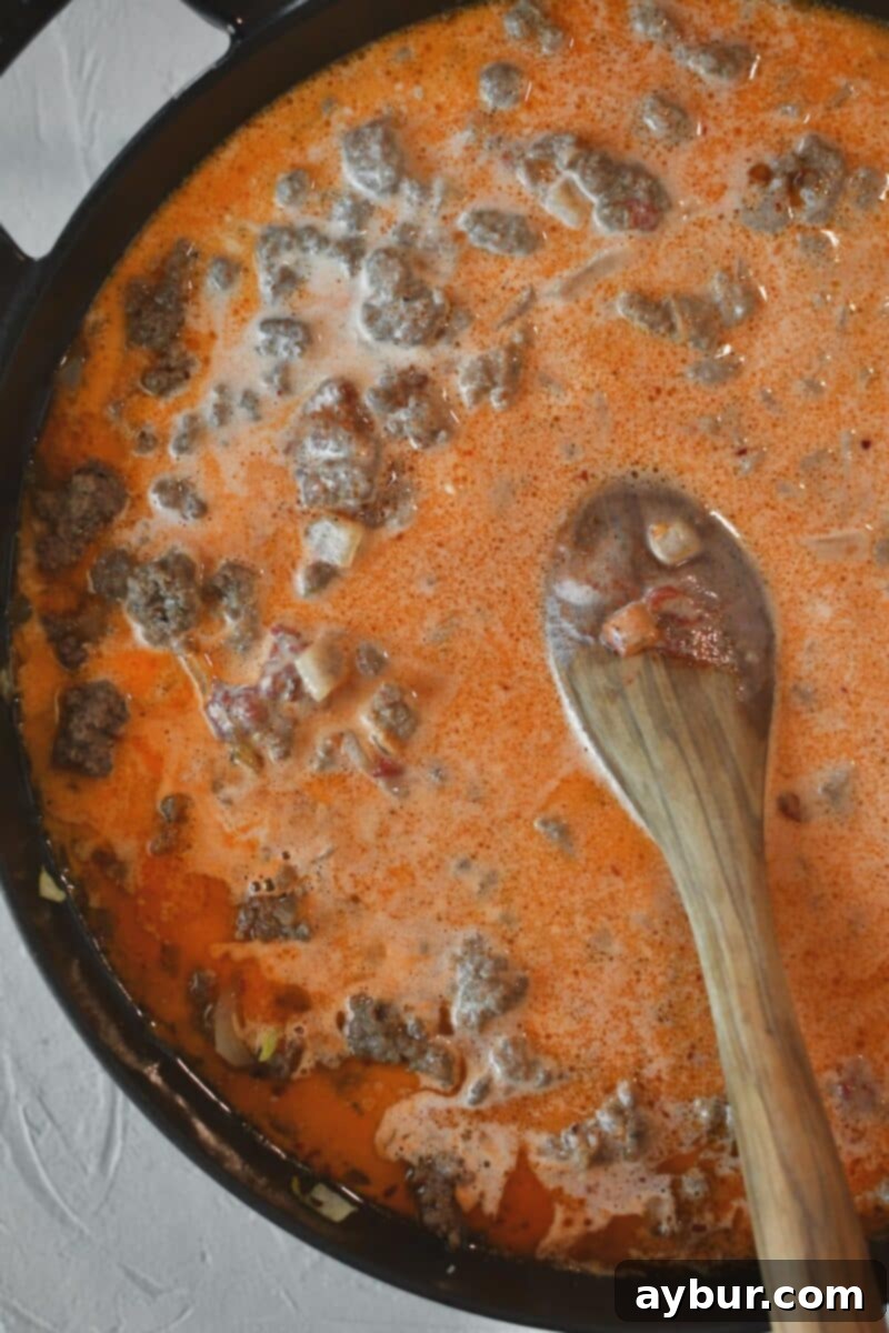 Adding in the tomato paste and chicken stock to the pan to form the sauce.