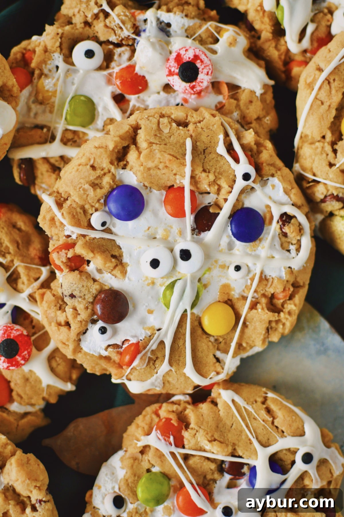 Peanut Butter Kitchen Sink Cookies 2 Freshly baked Peanut Butter Monster Cookies adorned with melted marshmallow spider webs and fun monster candy eyes, perfect for Halloween.