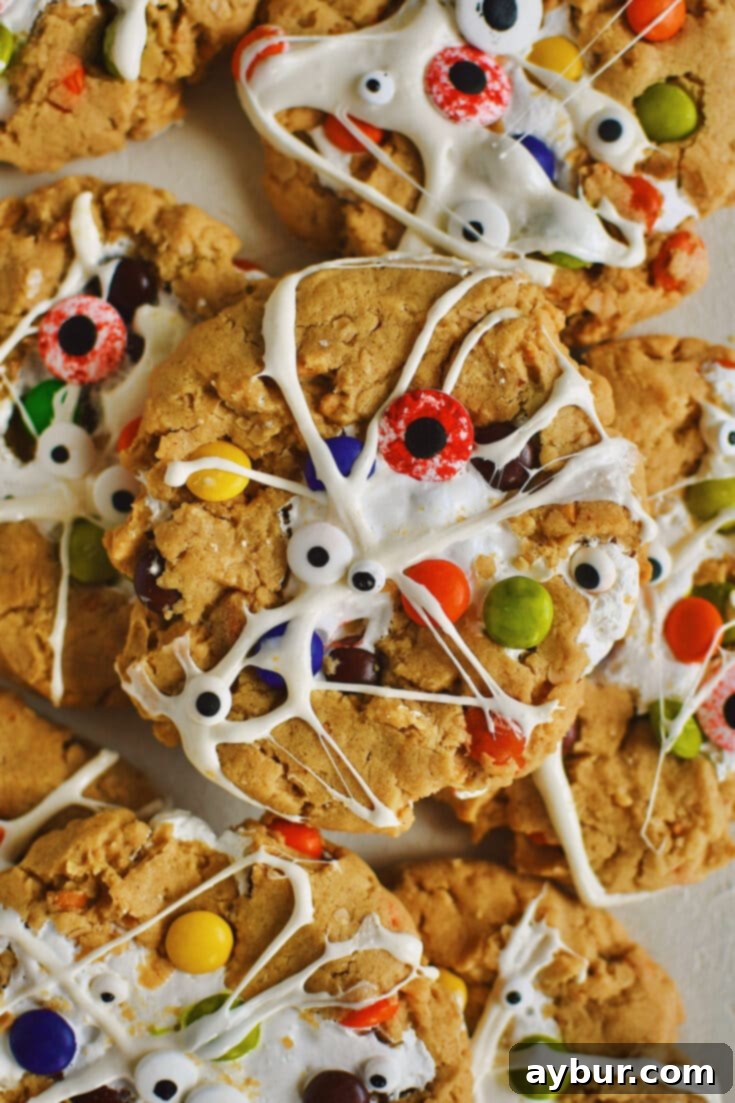 Peanut Butter Kitchen Sink Cookies 14 Peanut Butter Monster Cookies fresh from the oven, with melted marshmallow spread over them to look like spider webs and monster eyes added.