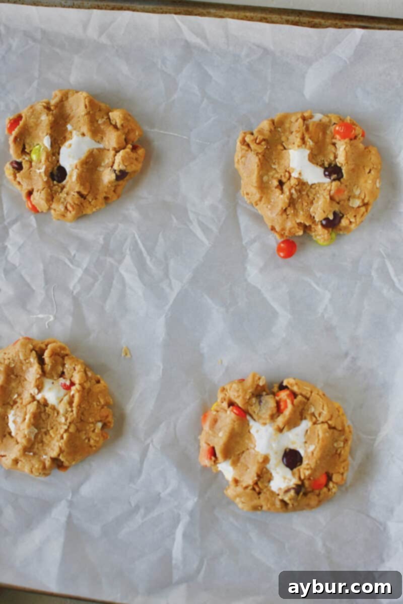 Peanut Butter Kitchen Sink Cookies 9 Individual cookie dough portions, each carefully filled with a generous dollop of marshmallow fluff, ready for baking.