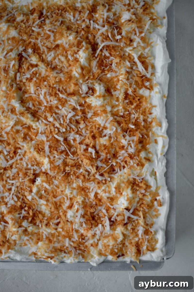 Finished cake topped with whipped cream and toasted coconut.