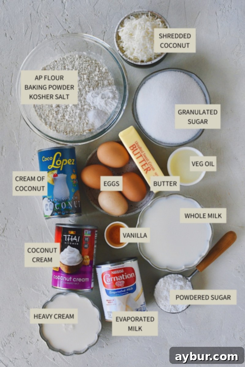 Ingredients needed to make Coconut Tres Leches Cake.