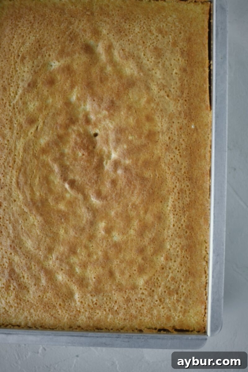 Cake just out of the oven, before poking holes in it to let the milk soak in.