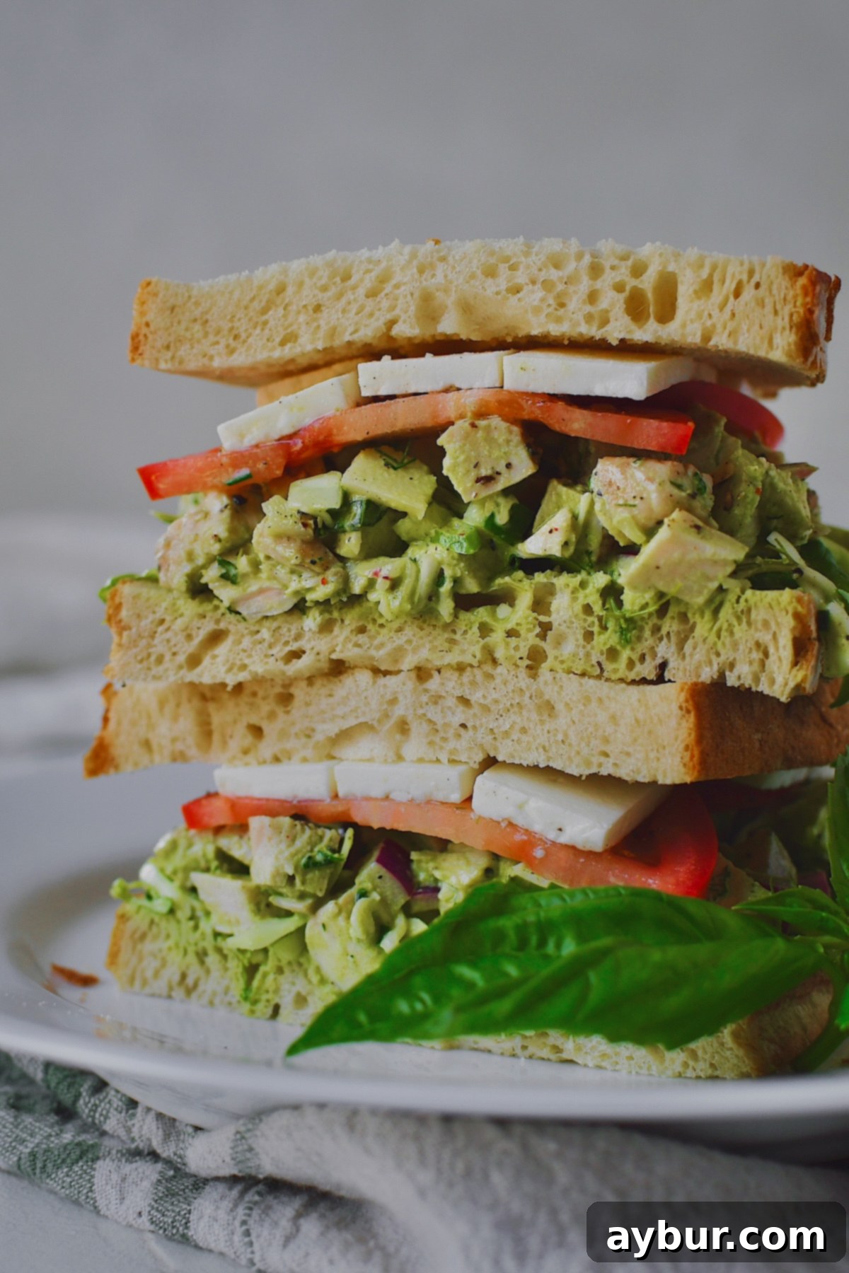 Emerald Goddess Chicken Salad 13 Green Goddess Chicken Salad Sandwich on a white plate, ready to be eaten.