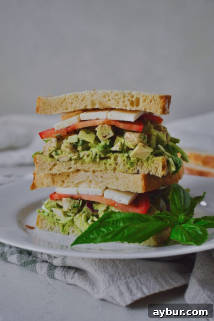 Emerald Goddess Chicken Salad 15 Fully assembled Green Goddess Chicken Salad on bread to make a sandwich.