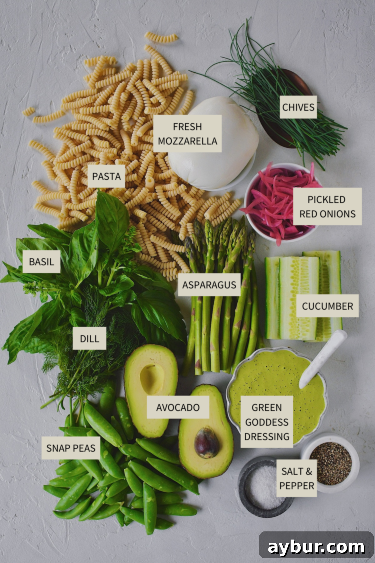 Vibrant Green Goddess Pasta 3 All the fresh ingredients neatly arranged, ready to make Green Goddess Pasta Salad.
