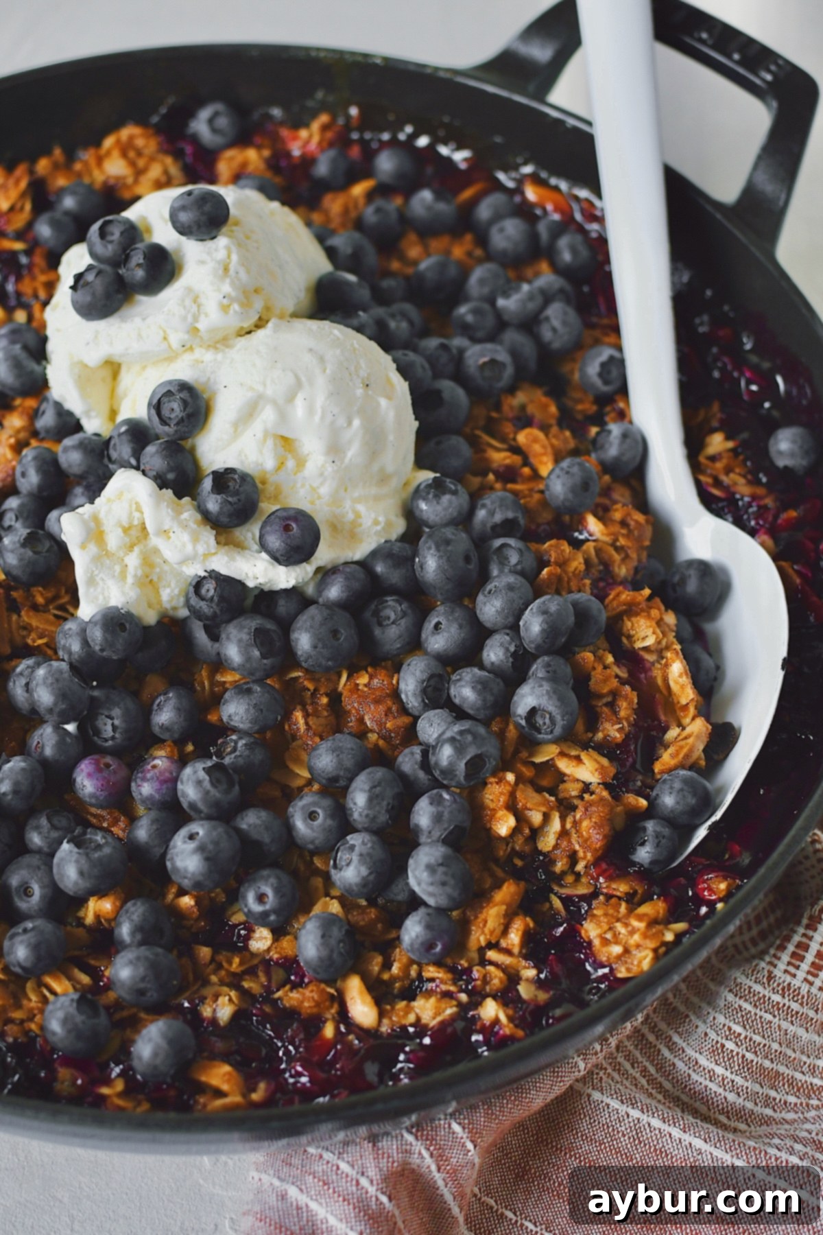 Blueberry Rhubarb Crisp, topped with extra blueberries and vanilla ice cream, ready to be dished out.