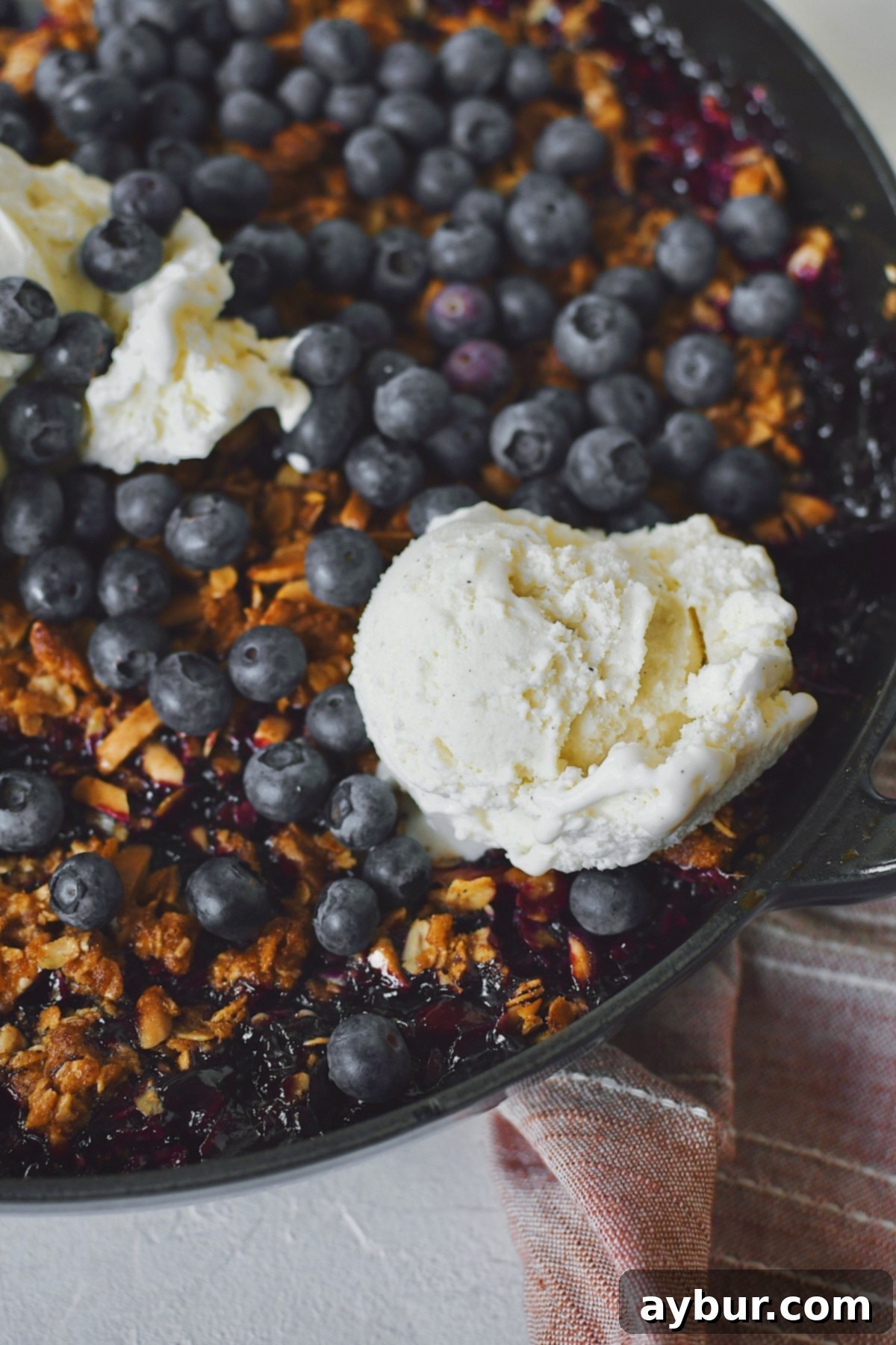 Crisp fresh from the oven with vanilla ice cream on top and extra blueberries. Ready to be eaten.