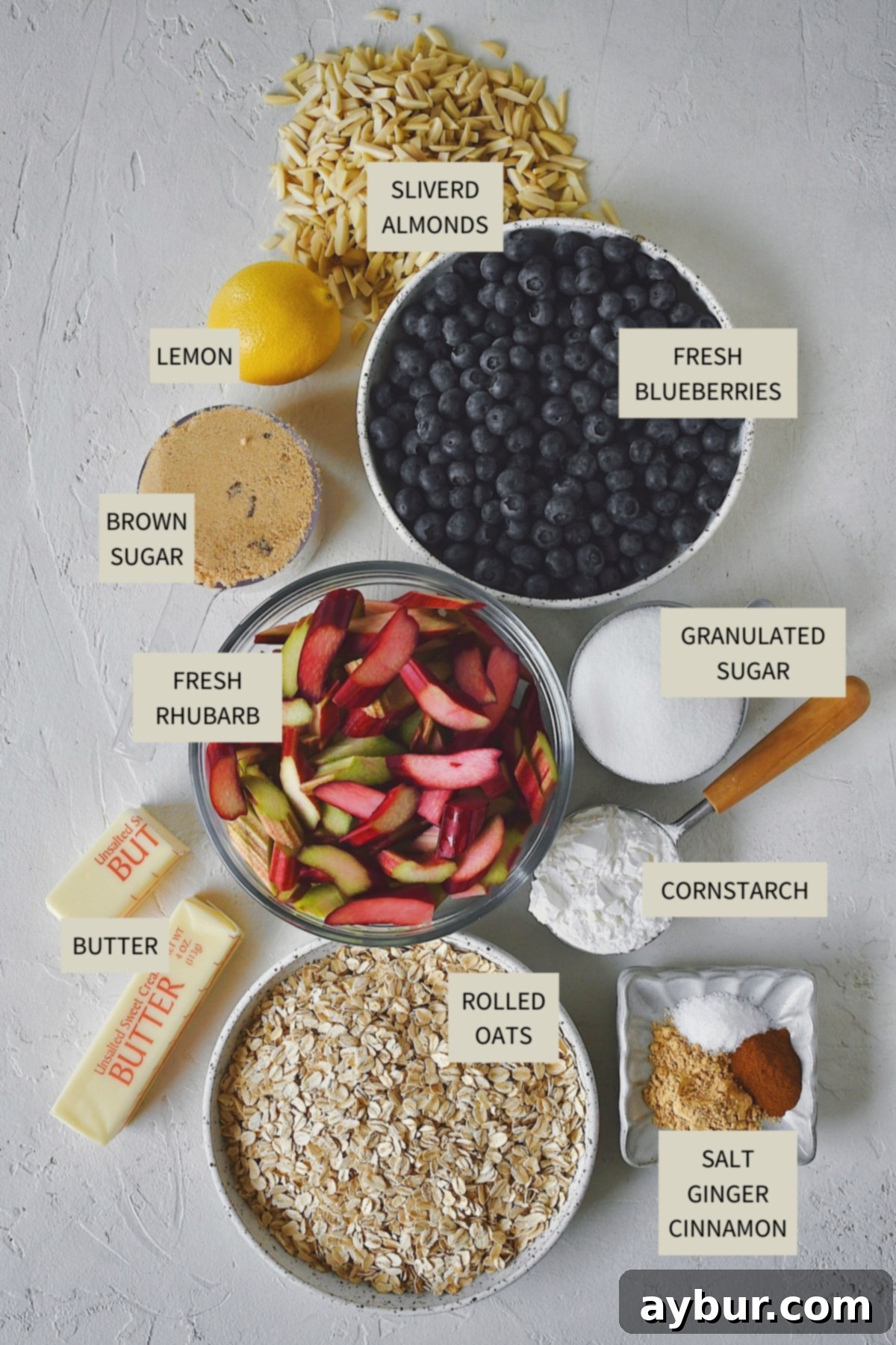 Ingredients needed to make Blueberry Rhubarb Crisp.