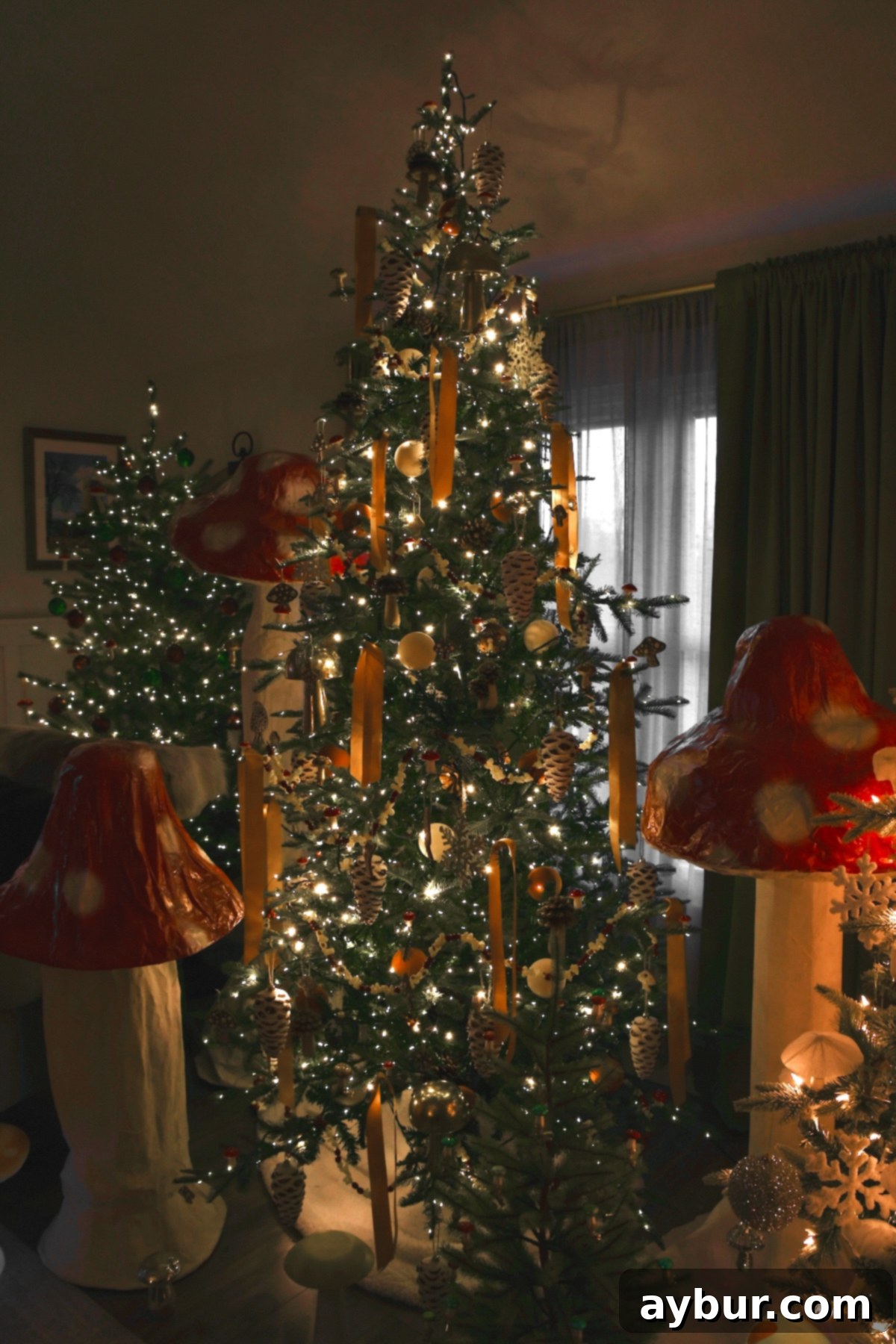 Salt Dough Gingerbread Keepsakes 22 King of Christmas King Noble Fir Tree adorned with many forms of mushroom ornaments including homemade gingerbread salt dough ornaments. Night View.